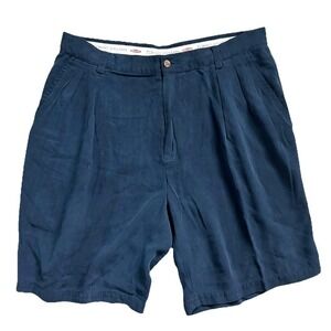 Tommy Bahama 100% Silk Pleated Herringbone Shorts Men 36 Navy Blue 9in Relaxed